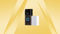 An Amazon Ring video doorbell and Chime speaker against a yellow background.